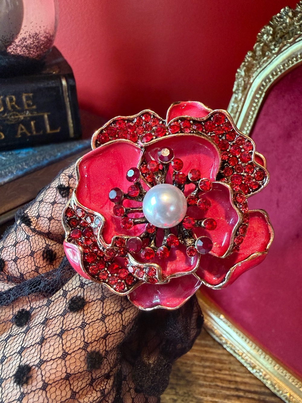 Red Poppy Crystal Brooch with Pearl Center
